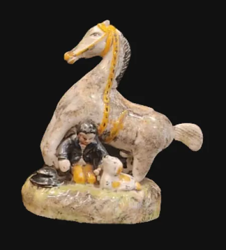 Staffordshire Pottery Figure a Boy With His Dog & Horse on Base